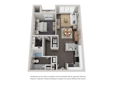 Floor plan for 1 bed, 1 bath, 676 sqft